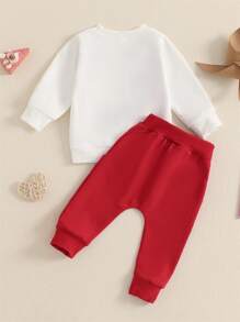 Conjunto de sudadera con cuello redondo y manga larga con estampado de letras para niño pequeño para el día de San Valentín Conjunto de sudadera con cuello redondo y manga larga para niño pequeño para el día de San Valentín - Rojo - Ver 2
