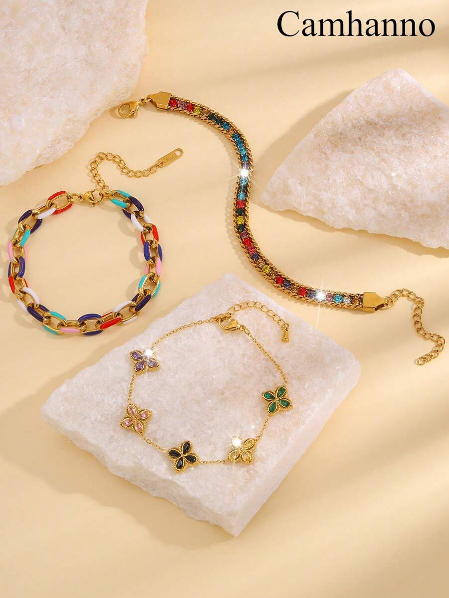 Camhanno 3 件可堆叠女士手链奢华复古不锈钢彩色链条手链套装，适合赠送珠宝配饰和礼物给家人和朋友，适合日常度假宴会
