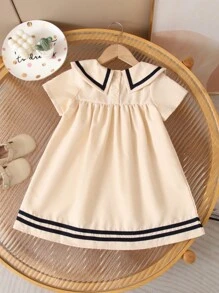Young Girl Casual Navy Style Short Sleeve Beach Dress, Versatile Party Princess Dress, Summer - Khaki - View 2
