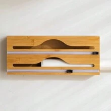 2 Fächer Küchenfolie Spender mit Alufolie Schneidebox, Bambus Frischhalte-Tüten Schneidhalter, Mehrzweck Frischhalte-Tüten Organizer Küchenhelfer