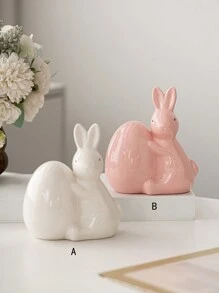 1 Peça Estatueta Cerâmica de Coelho Segurando Ovo, Branco/Rosa, Estilo Minimalista Fofo, Decoração de Páscoa, Adequado para Mesa de Escritório, Casa, Cozinha, Quarto, Sala de Estar, Enfeite Festivo