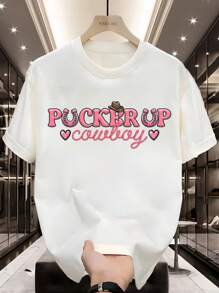 Camiseta de algodón de 220G con estampado de vaquero PUCKER UP, camiseta de algodón pesada y cómoda de estilo casual