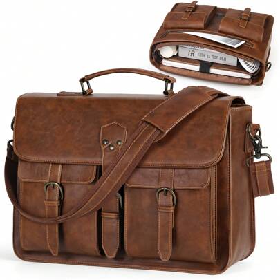 Messenger Bag For Men 15.6/18 Inch Leather Vintage Laptop Briefcase Large Laptop Bag Waterproof Satchel Bag Computer Shoulder Bag For Office Work Travel College