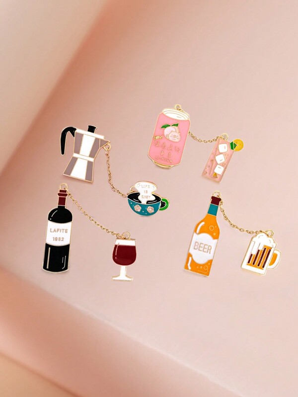 Juego de broches creativos - Serie de accesorios de bebidas de vino tinto, café, cerveza, jugo, alfileres esmaltados artesanales, joyas de moda, versátiles para uso diario, decoración de mochilas, decoración multiusos, broche de ropa