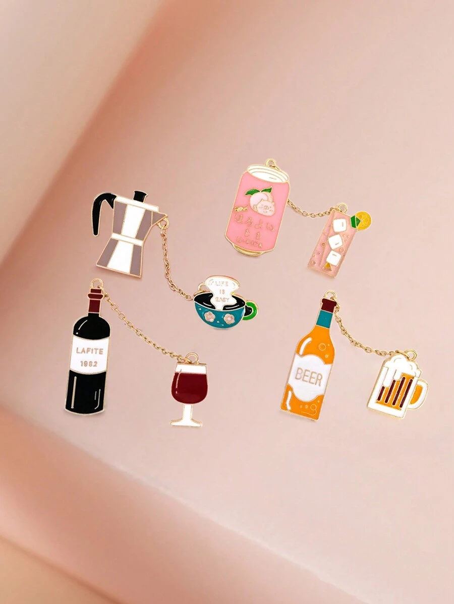 Creative Brooch Set - Red Wine, Coffee, Beer, Juice Beverage Series Accessories, Enamel Crafted Pins, Fashion Jewelry, Versatile For Daily Wear, Backpack Decorations, Multi-Purpose Decoration, Clothing Brooch - Multicolor - View 1