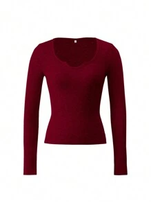 Women's Solid V Neck Long Sleeve Fitted T-Shirt, Spring And Autumn - 酒紅色 - 查看 3