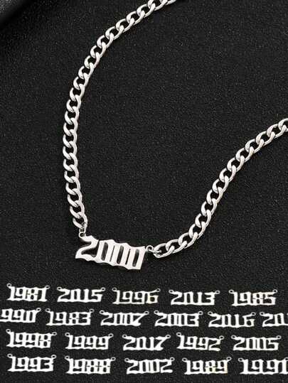 时尚不锈钢出生年份数字项链，简约优雅宽链，男孩简约配饰，男孩节日礼物