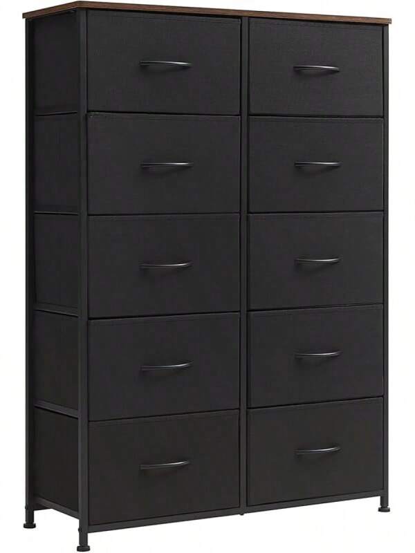 Tall Dresser For Bedroom With 10 Drawers, Wide Storage Organizer Chest Of Drawers With Fabric Bins For Closet Bedside Nursery Living Room Laundry Entryway Hallway, Black Rustic Brown