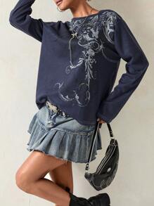Women Y2k Fairy Grunge Long Sleeve Shirt Punk Gothic Tee Top Teen Girl Vintage Aesthetic Graphic Streetwear - Màu xanh bụi bặm - Xem 7