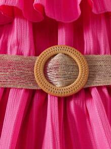 Young Girl Solid Color Ruffle Ruffle Casual Dress - Hot Pink - View 3