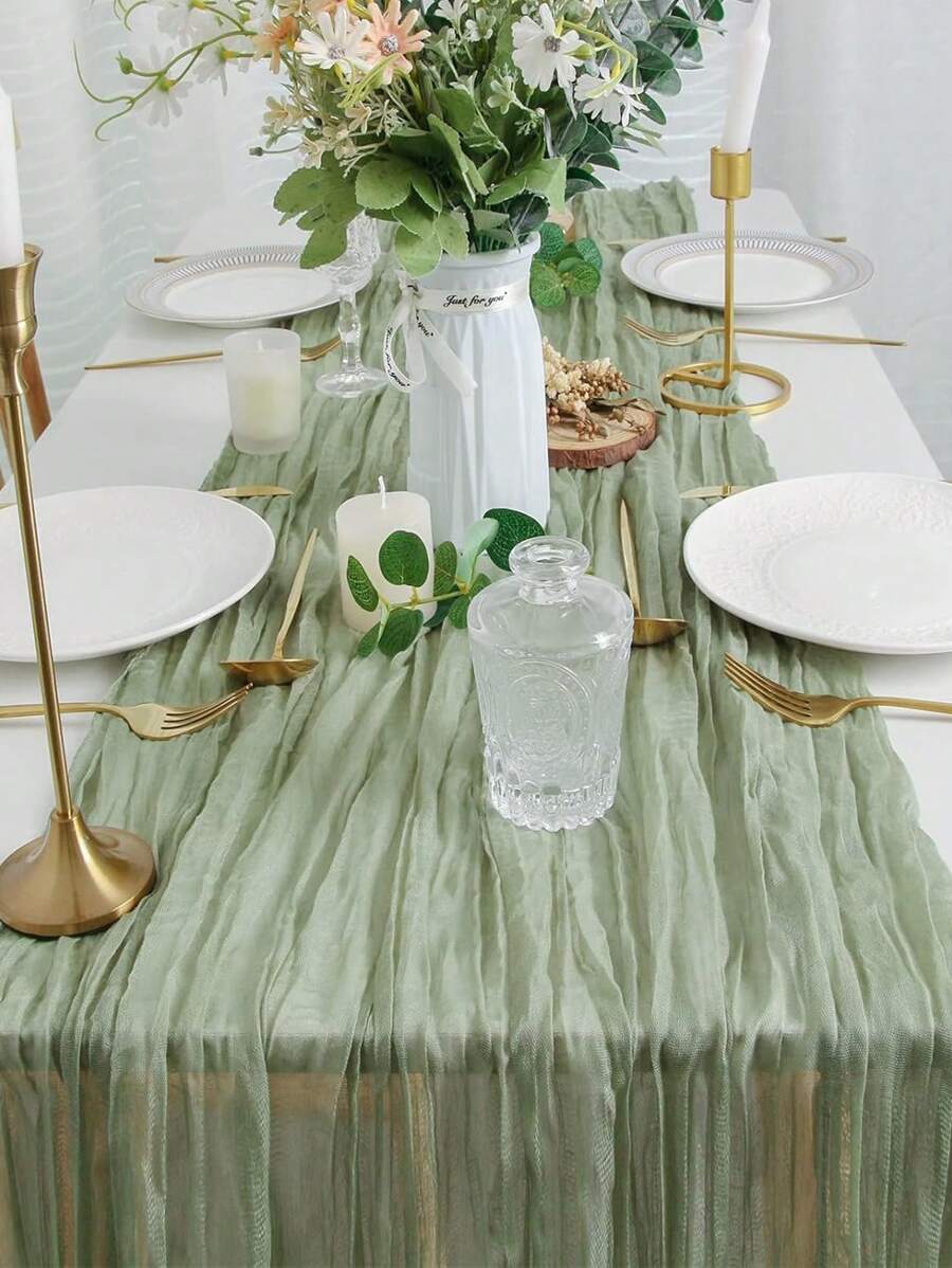 1pc-Green Sage Green Gauze, Rustic Bohemian Cheese Cloth Runner-Up For Wedding Bridal Shower Decoration Transparent Center Centerpiece Spring Easter Holiday Home Decor, Spring Wedding Decor, Rustic Spring Easter Doily Wedding Party First Centerpiece Engagement