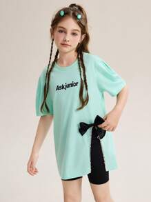 ASK JUNIOR Tween Girls Gola Redonda Manga Curta Estampa de Letras Decoração de Laço Camiseta/Camisa Polo - Verde - Ver 1