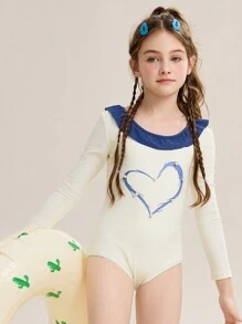 ASK JUNIOR Tween 女童透气凉爽长袖连体泳衣，夏季女童沙滩泳装 - 黃色 - 查看 7