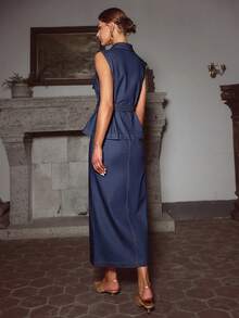 Sollinarry Women's Summer New Sleeveless Button Front Crop Top And Skirt Suit Set, Fashionable Commuter Outfit, Office Outfits For Women, Denim Effect Style