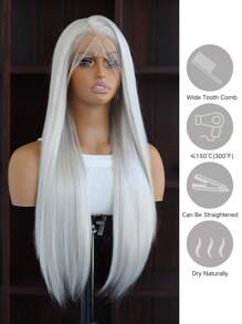 SALLYWELL 13*4 Lace Front Wig, Silver Gray Long Straight Synthetic Wig For Women - 銀色 - 查看 5