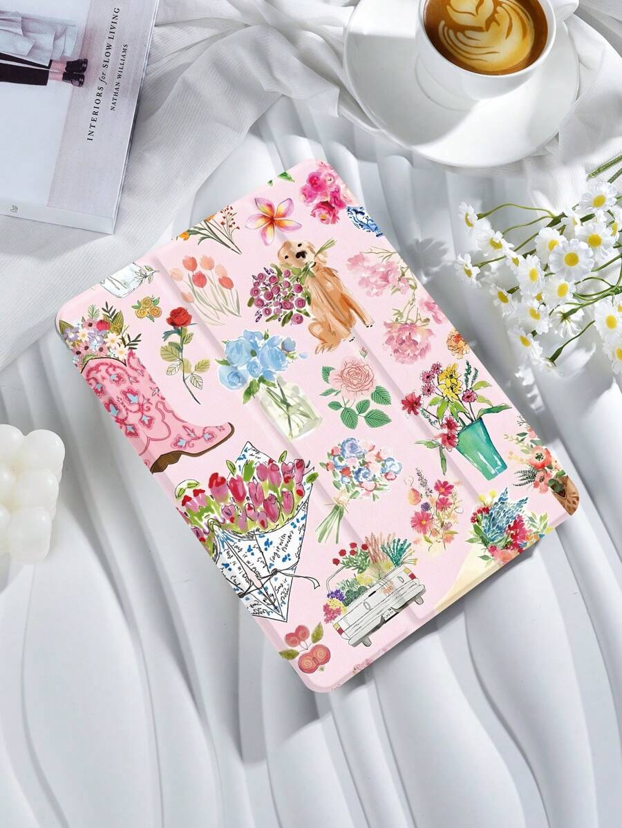 水彩花卉拼布平板电脑保护套，兼容 iPad Mini 4/Mini 5/Mini 6/Air 第五代 (2022)、Galaxy Tab A9 Plus 10.95 英寸、MatePad 10.4 英寸，带 Apple Pencil 插槽/防震/自动休眠/唤醒功能