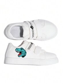 儿童卡通恐龙印花魔术贴软底舒适休闲帆布鞋，秋/春季款 - 白色 - 查看 4