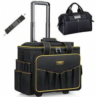 WINNHUNT 46cm Wide Mouth Rolling Tool Bag, 32 Pocket Tool Trolley Bag With Telescopic Handle And 2 Wheels, Black