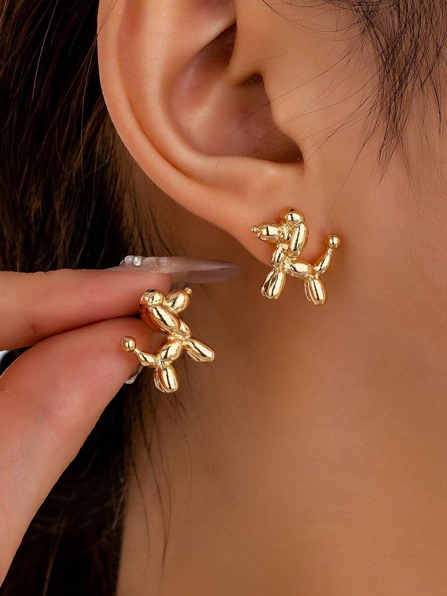 1 对时尚可爱卡通 3D 狗耳钉耳环，适合女性日常佩戴 - 金黃色 - 查看 1