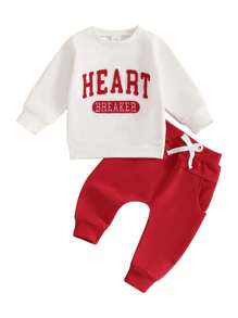 Conjunto de sudadera con cuello redondo y manga larga con estampado de letras para niño pequeño para el día de San Valentín Conjunto de sudadera con cuello redondo y manga larga para niño pequeño para el día de San Valentín - Rojo - Ver 3