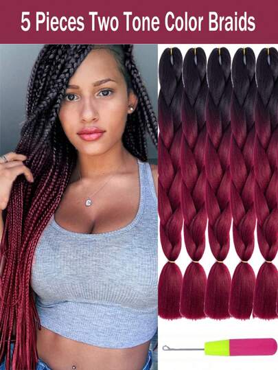 1/3/5 件/包渐变色勃艮第辫子大号编织发马尾辫合成钩针接发时尚日常使用派对角色扮演万圣节 24 英寸