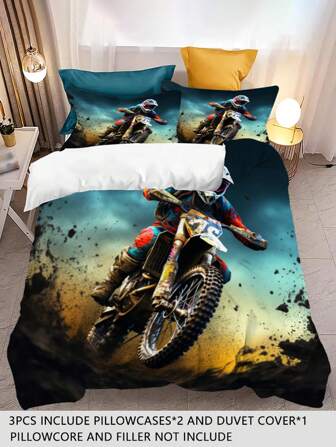 Ultramjukt påslakanset för motorcykelracing - 3 delar (1 påslakan + 2 örngott, utan inlägg), modernt sängkläder med motocrosstryck, andningsbara och bekväma för alla årstider, perfekt för sovrum, studentrum eller gästrumsinredning