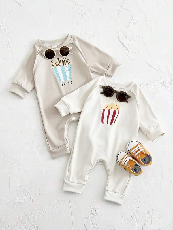 2pcs/Set Baby Boy & Girl Fries & Cake Print Cozy Long Sleeve Rompers, Spring/Summer