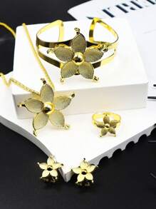 5 stuks/set Midden-Oosterse stijl gouden bloemen ketting, ring, armband, oorbellen bruidssieradenset