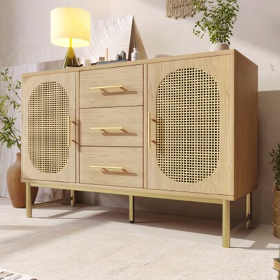 Rattan Sideboard Storage Cabinet With 2 Doors 3 Drawers, Storage Cabinet For Living Room, Bedroom, And Hallway, Metal Handles, Adjustable Shelves, Ant