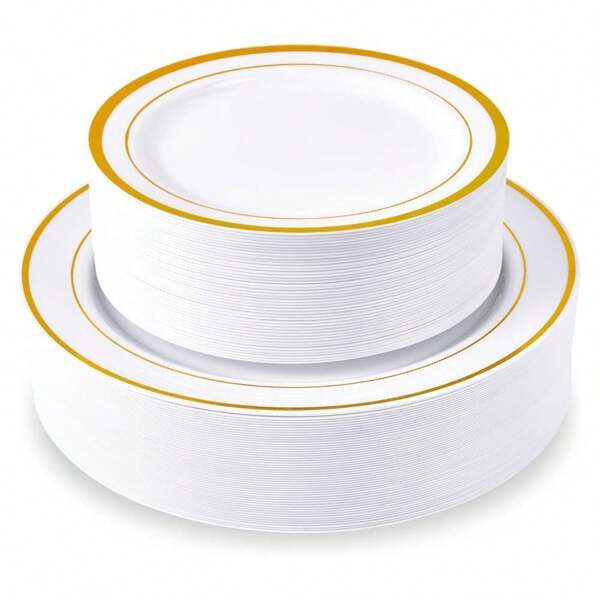 100/50/25/12/5pcs Gold Colored Dinnerware Plates, Elegant Party Trays, Appetizer Plates, Pasta Salad Platters, Cake Dishes, 7.5"/10.25" Sizes (Multi-Quantity Packs Suitable For Various Event Sizes), Suitable For Family Gatherings, Outdoor Parties, Birthdays, Weddings And Holiday Celebrations