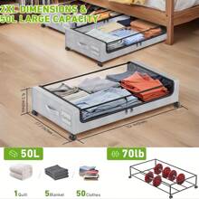 Under Bed Storage With Wheels 1pc And 2pcs, Under Bed Storage Containers, Large Under Bed Rolling Storage With Lid, Bedroom Storage Organizer For Clothes, Shoes, Toys, Books, Blankets BLACK And Gery., Under-Bed Storage - 1件黑色 - 查看 5