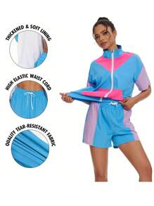 Women's 80s 90s Outfits Party Themed Costume Tracksuit Short Sleeve Windbreaker Jacket And Short Sets - 薄荷綠 - 查看 5