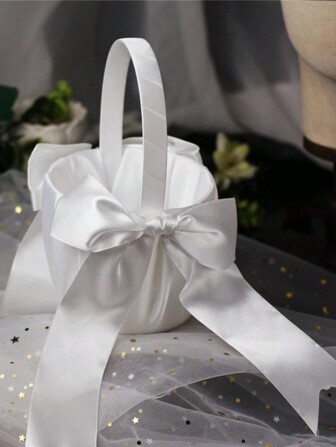 1pc Wedding Flower Girl Basket With Bow, Handmade Ceremony Petal Tray, Charming Bride Organizer For Decorations, Bridesmaid Gifts Outdoor Decor