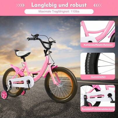 kangten 16 Inch Multifunctional Bicycle Adjustable Bike Cycling Bike With Training Wheels, Pink