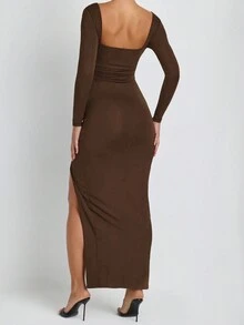1pc Sexy & Elegant Solid Color Long Sleeve V-Neck Side Slit Dress - Brown - View 2