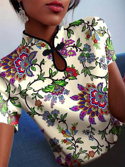 Vintage Cheongsam Shirt For Women, Ditsy Floral, Waist Shaping, Lightweight Short Sleeve Top, Spring/Summer