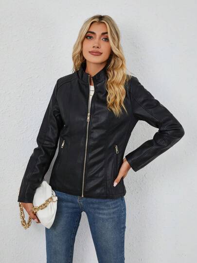 Giolshon Women Faux Leather Motorcycle Jacket - Asymmetric Zipper, Stand Collar, Suitable For Urban Streetwear And Commuting Style, Spring Black Elegant