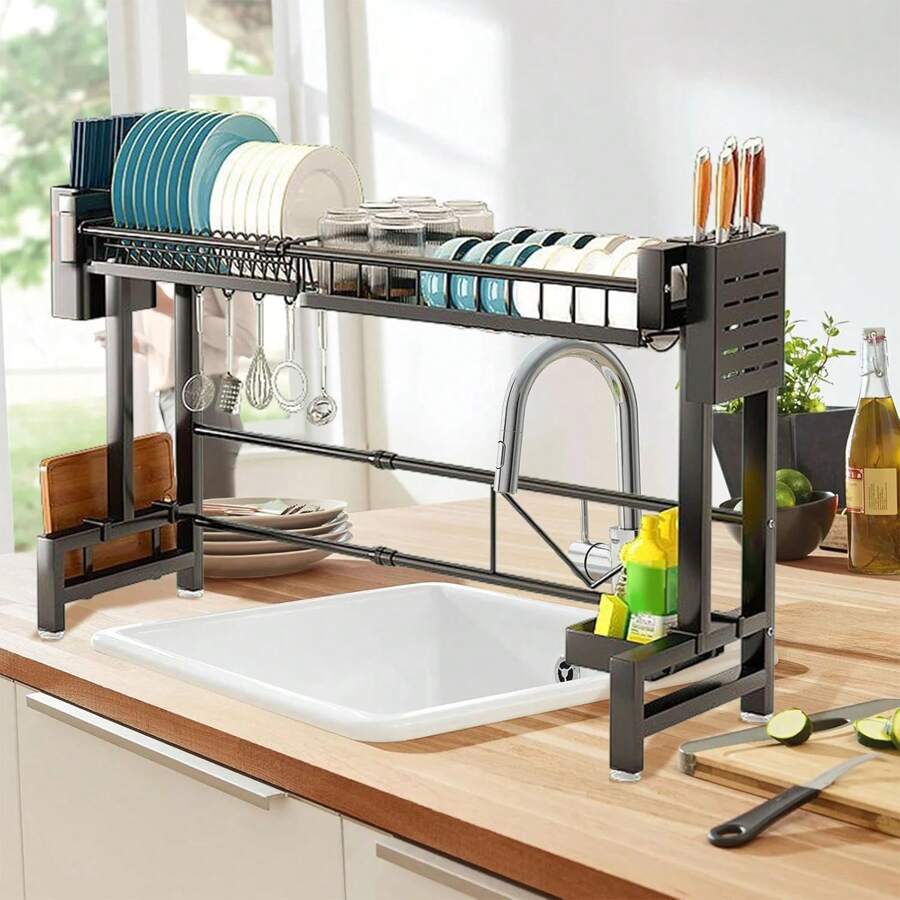 Over Sink Dish Drying Rack, 2-Tier Adjustable Length(22.8-37.8in) Large Stainless Steel Dish Rack Over Sink, Multifunctional Kitchen Organizer, Space Saving Kitchen Sink Drying Rack, Black - màu đen - Xem 1