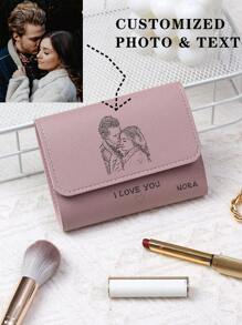 1pc Women Personalized PU Leather Short Wallet, Solid Litchi Pattern Women Trifold Wallet With Laser Engraved Name, Multi-Card Holder, Family Photo, Best Friends, Mother-Daughter, Graduation School Gift, Romantic Gift For Girlfriend - Dusty Purple - View 1