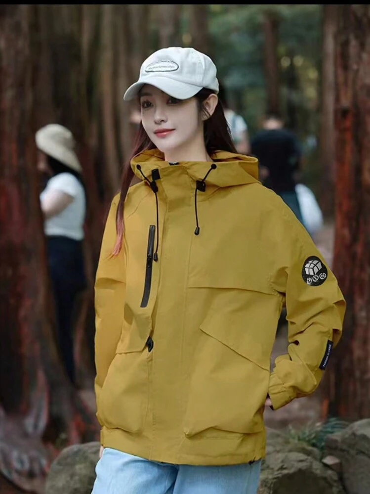 2025年新作 防水ウインドブレーカー、ユニセックス アウトドアスポーツウェア カジュアルフード付きコート、春秋用 - イエロー - 見る 8