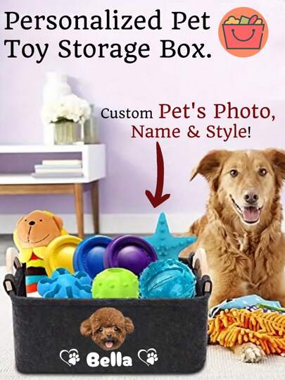 Custom With Pet Photos/Name!)Personalized Large Capacity Collapsible Custom Pet Toy Box. Great For Organizing Felt Pet Toy Storage Box, Dog Toy Box Storage Basket - Dog Toys, Blankets, Leashes, Food And Puppy Clothing Item Storage. 1pc Felt Dog Toy Box, Storage Basket Chest Organizer For Organizing Pet Toys, Blankets, Leashes And Food- Sturdy, Easy To Clean, Space-Saving, Perfect For Cats And Dogs, Keeping Toys Organized And Out Of Sight!