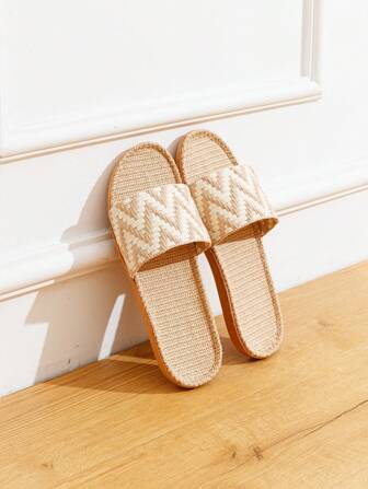 Women's Linen Slippers, Wavey Design Indoor Non-Slip Beach Sandals For Spring, Summer, Autumn Vacation And Home Use