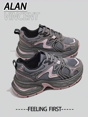 Alan Vincent [City Sneaker Series]Grey And Pink Sneakers Shoes Women 2025 New Thick-Soled Sports Shoes For Women Comfortable And Fashionable Running Shoes Casual Sneakers Women Outdoor  Shoes Ladies Shoes Breathable Mesh