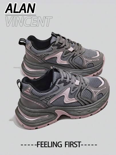 Alan Vincent [City Sneaker Series]Grey And Pink Sneakers Shoes Women 2025 New Thick-Soled Sports Shoes For Women Comfortable And Fashionable Running Shoes Casual Sneakers Women Outdoor  Shoes Ladies Shoes Breathable Mesh