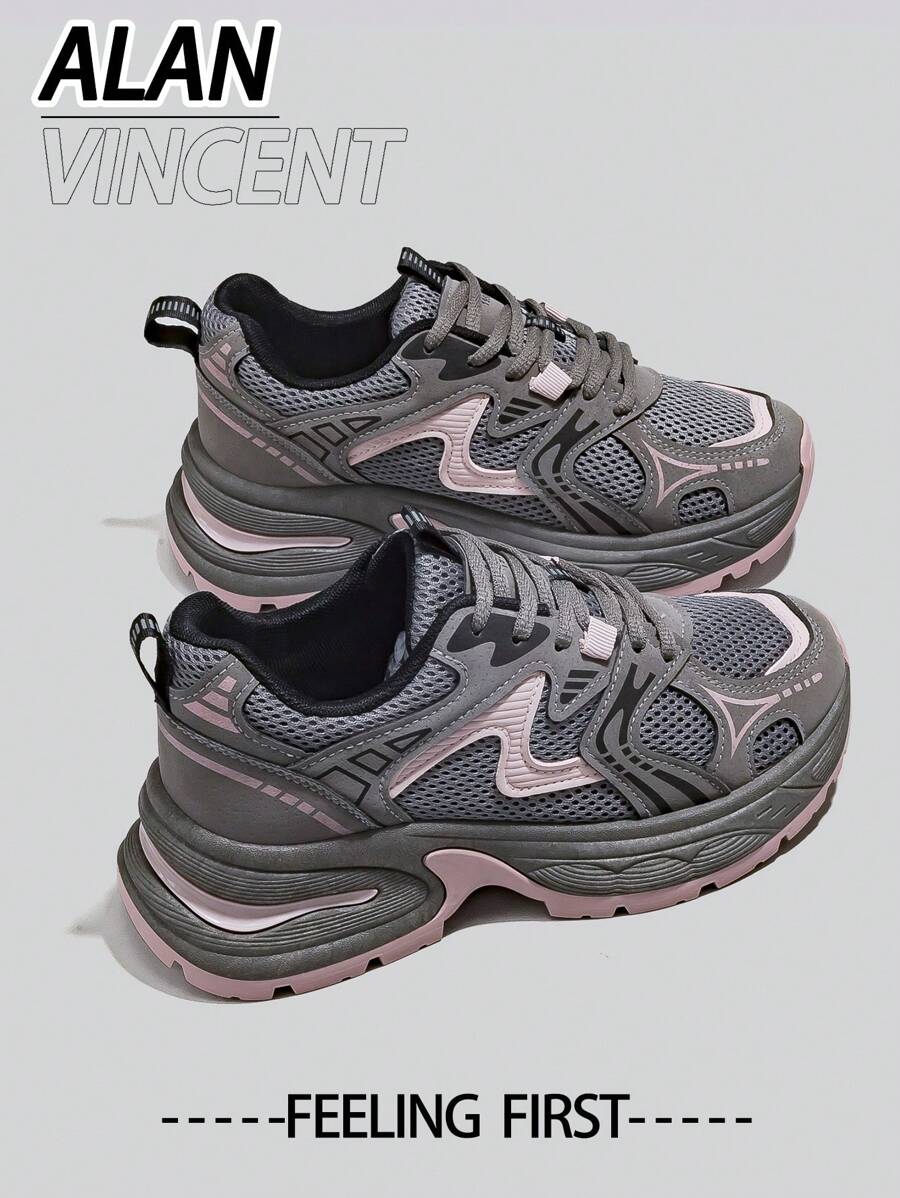 Alan Vincent [免退貨] [Urban Sports Shoes 系列] 新款灰色與粉色女款運動鞋，厚底增高設計，舒適時尚，適合跑步、休閒運動及各種場合，透氣網布女鞋