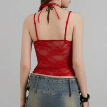 Beauace Womens Camisole Lace Top Spaghetti Straps Halterneck Backless See-Through Lace Patchwork Summer Tops - Red - View 9