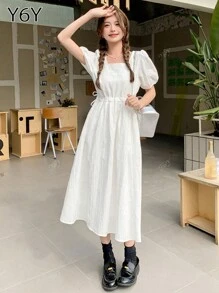 White Sweet Casual Jacquard Square Collar Puff Sleeve Drawstring Adjustable Waist Mid-Length Dress, Summer