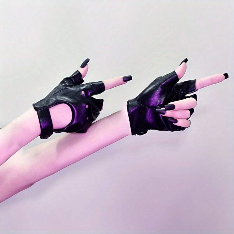 Adjustable Black Faux Leather Half Finger Gloves - Warm, Non-Stretch, Suitable For Cycling, Performance And Cosplay