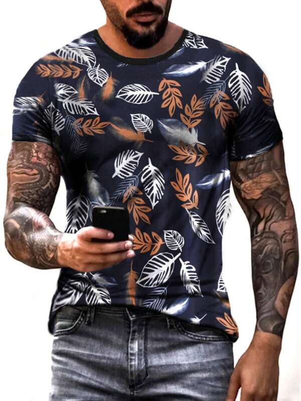 T-shirt à manches courtes pour hommes col rond avec imprimé numérique