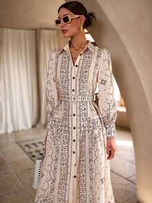 Sollinarry Women's Plant Printed Long Sleeve Dress, Spring New Arrival